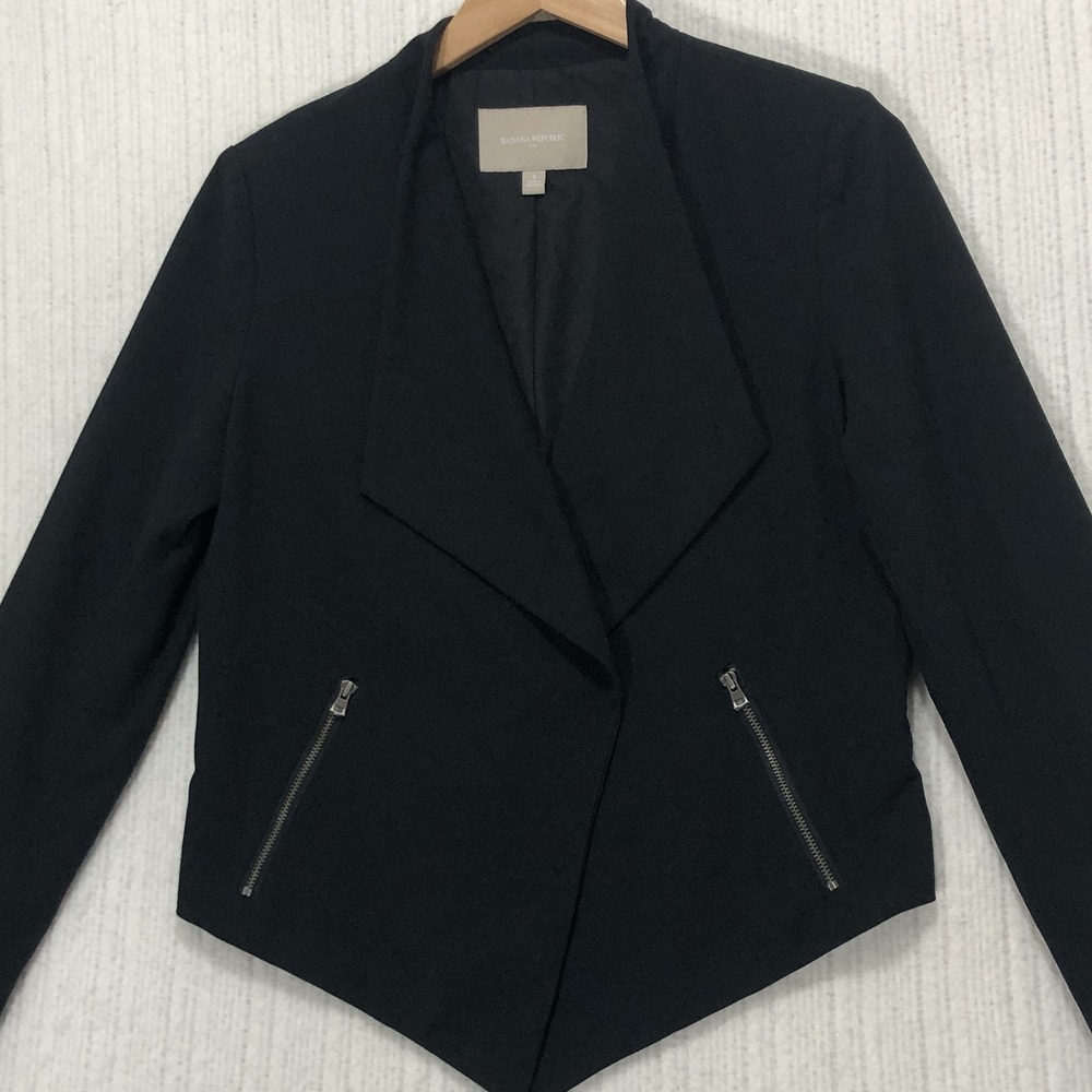 Banana Republic Black Blazer Jacket Size‎ 8 Drape Open Front Zipper Pockets